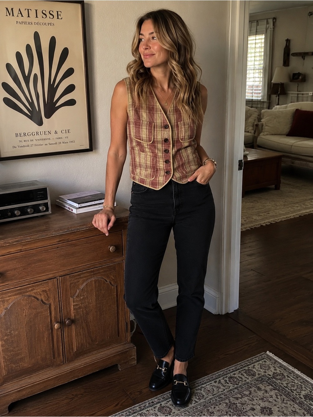 90’s Vtg Banana Republic Linen Plaid Top Vest in khaki and Rust